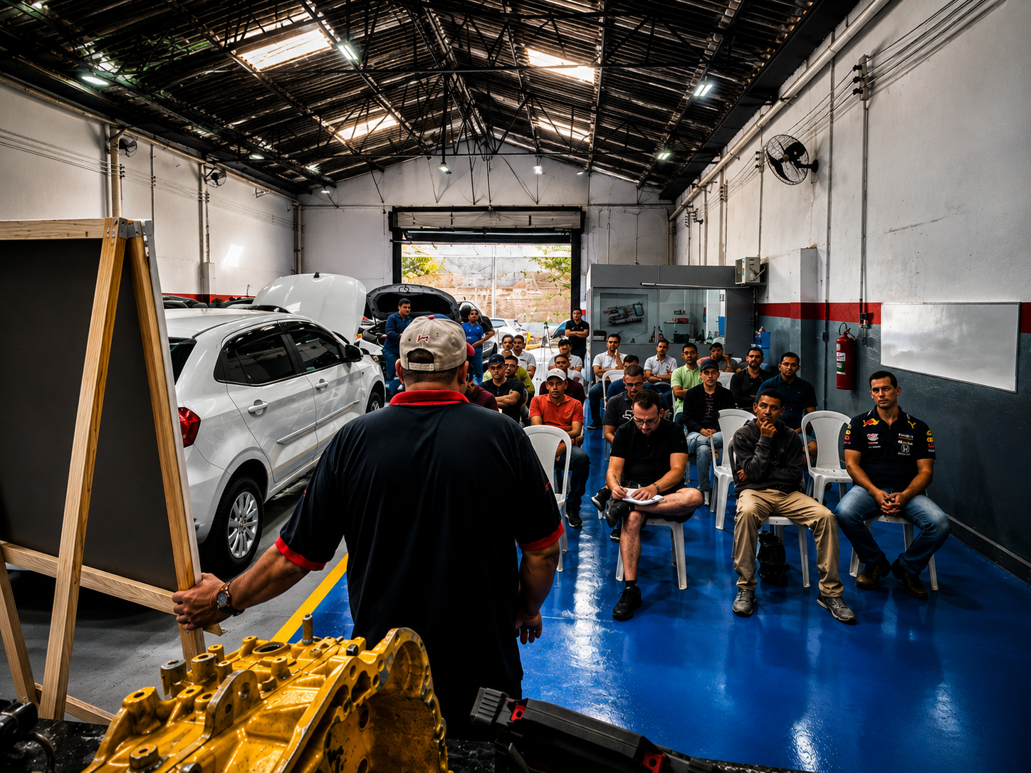 Interior da oficina com veículos em manutenção